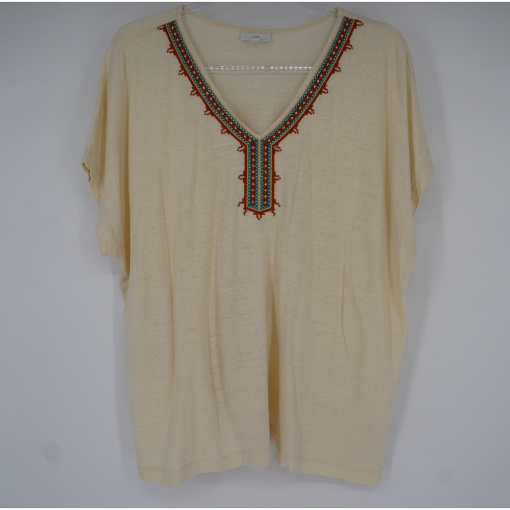 J. Jill Womens Linen Blend Embroidered V-Neck Knit Top Cream Boho Beach Large